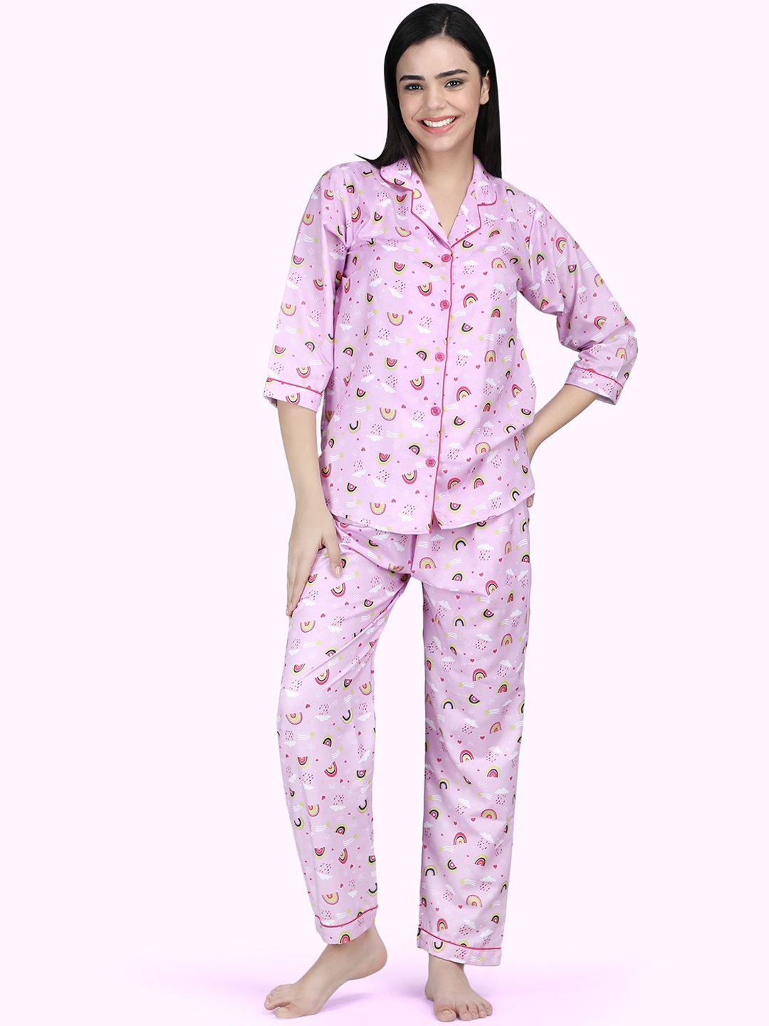 

ALL ABOUT HER Women Printed Lapel Collar Night Suit, Pink