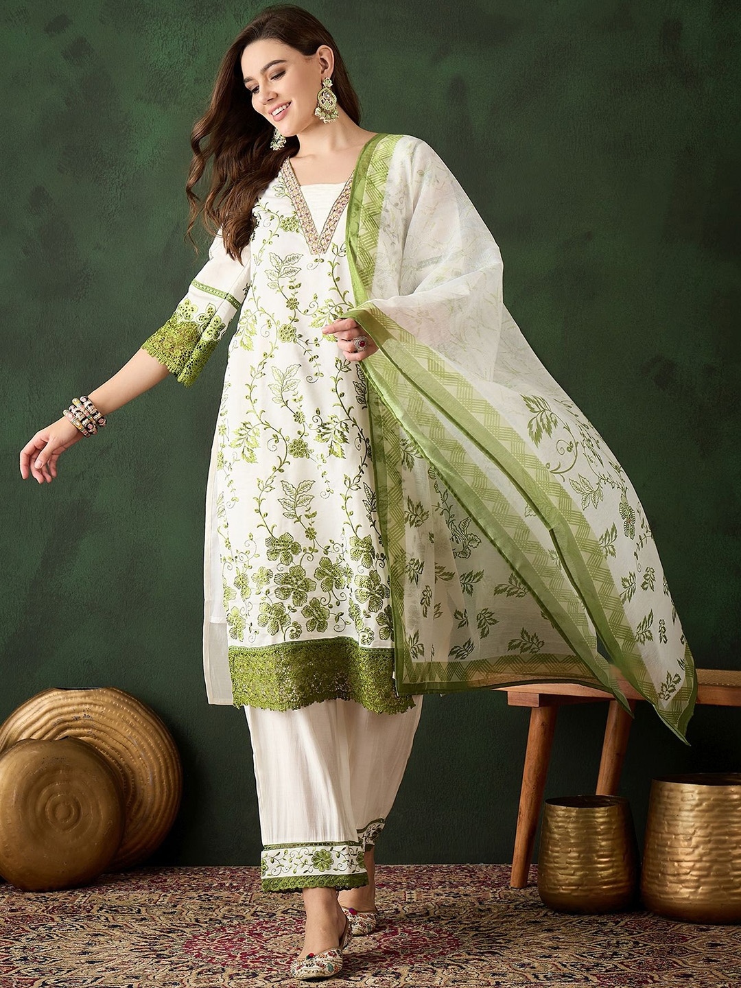 

Sangria Green Floral Embroidered Thread Work Kurta With Trouser & Dupatta