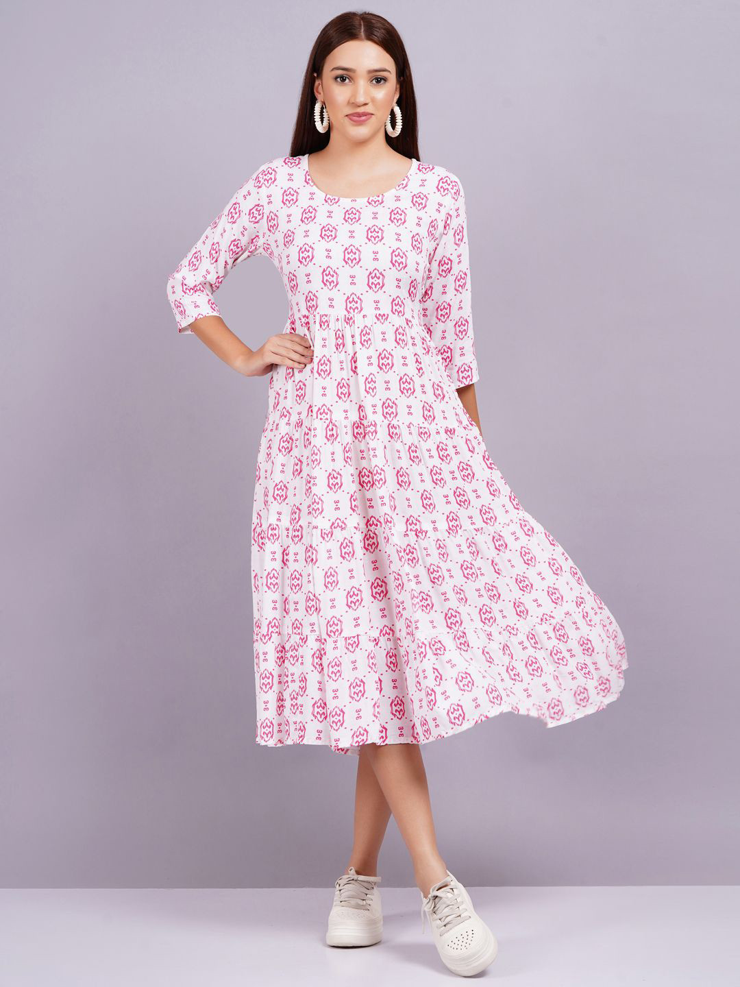 

HIGHLIGHT FASHION EXPORT Women Printed Fit & Flare Midi Dress, White