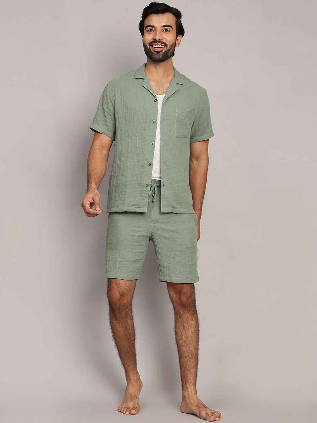 

BStories Men Pure Cotton Shirt Collar Short Sleeves Night suit, Olive
