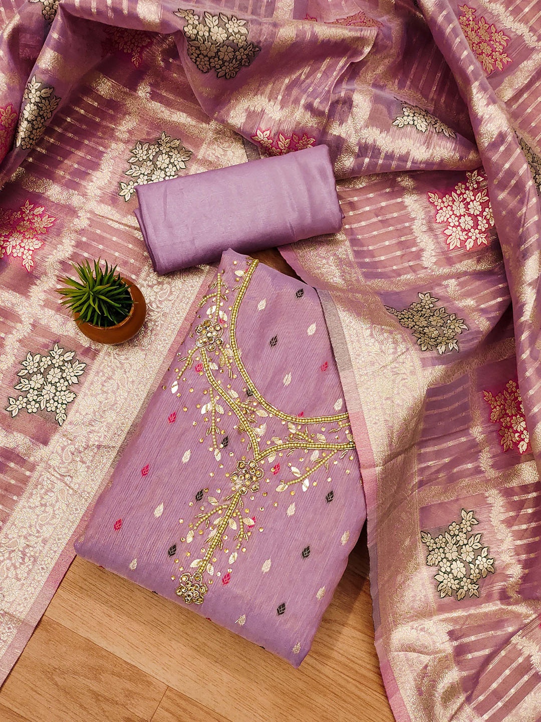 

Maroosh Floral Embellished Beads and Stones Unstitched Dress Material, Lavender