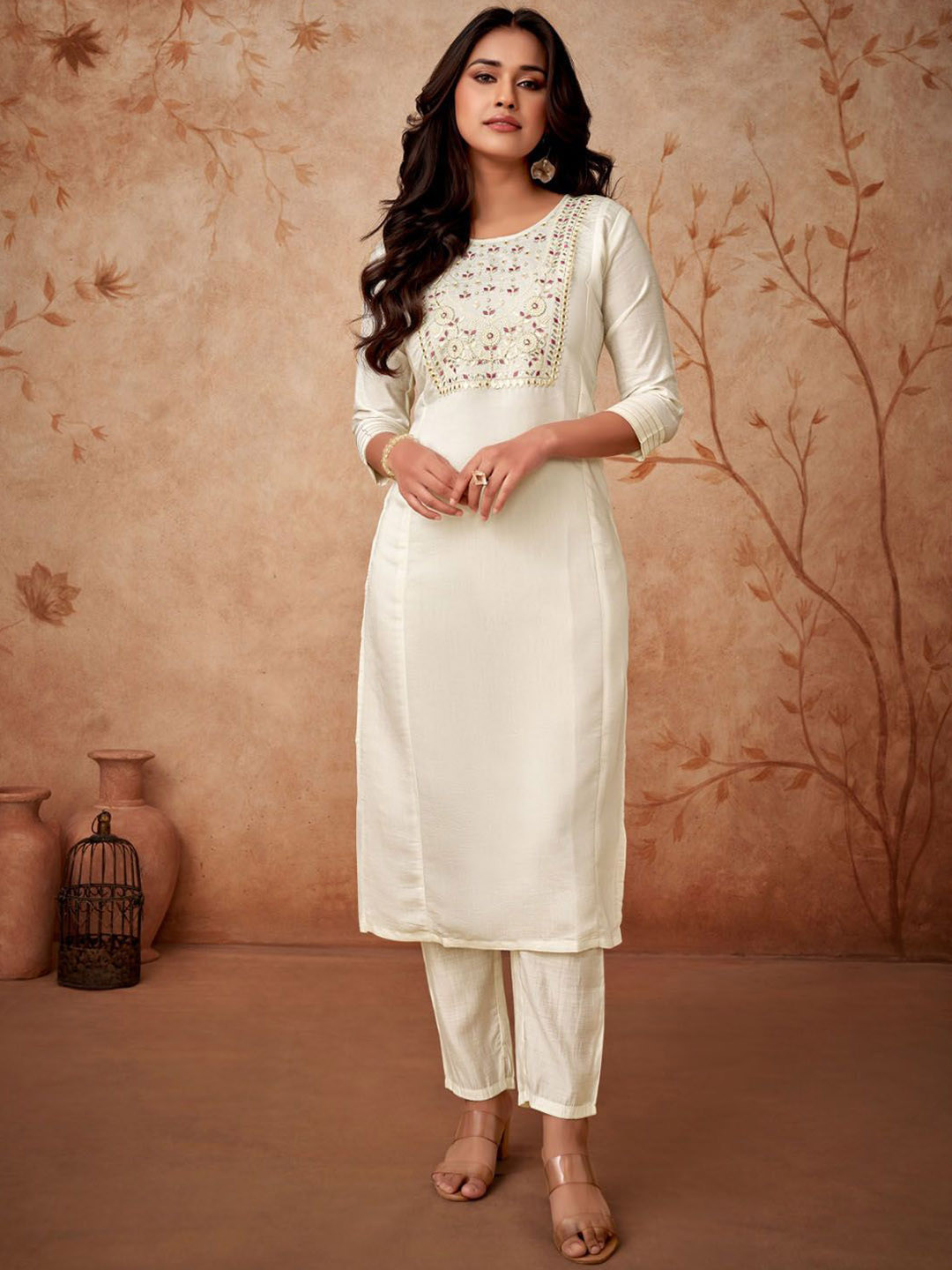 

KALINI Floral Yoke Design Mirror Work Chanderi Silk Kurta With Trousers & Dupatta, White