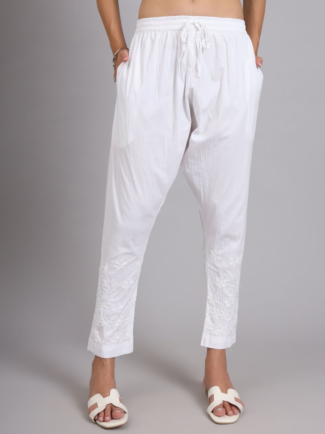 

The Chikan Label Women Ethnic Motifs Embroidered Straight Fit Trouser, White