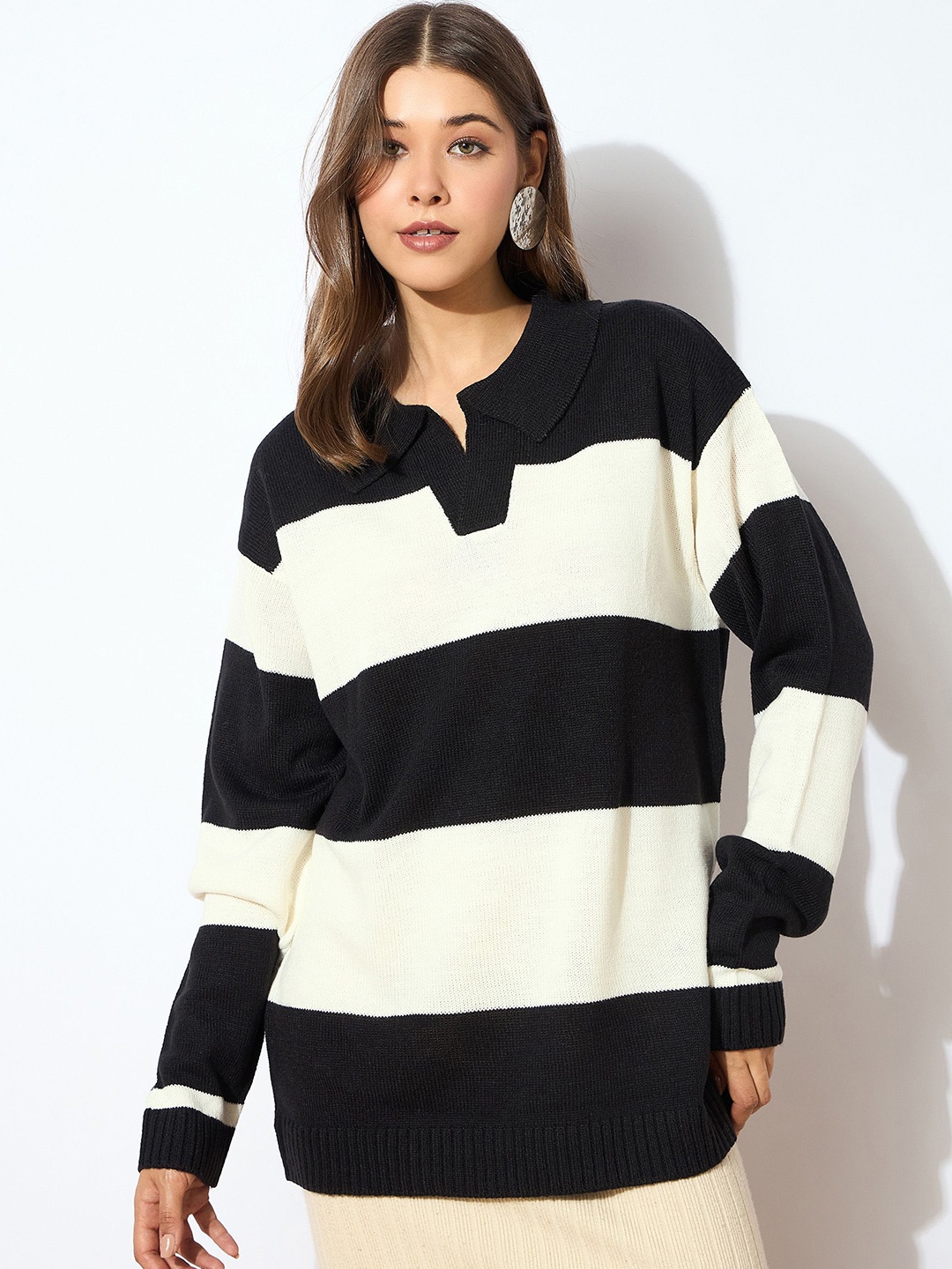 

SASSAFRAS Women Striped Shirt Collar Long Sleeves Pullover Sweaters, Black
