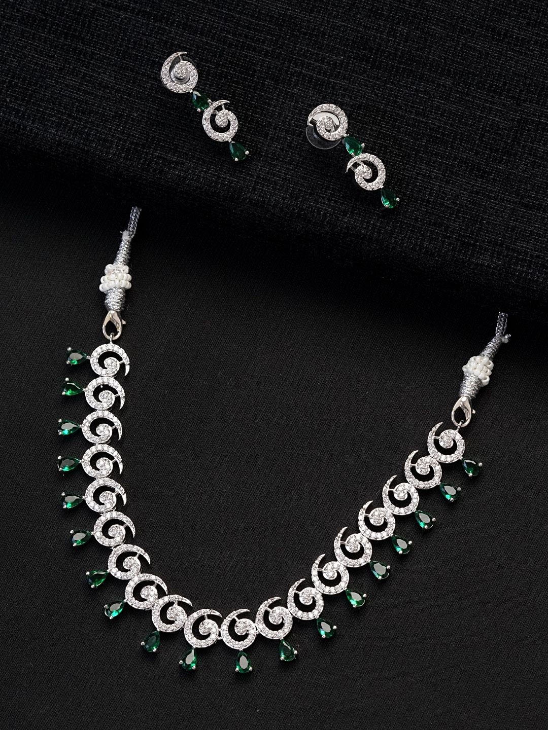 

Zoey Rhodium Plated American Diamond & Cubic Zirconia Stone Studded Jewellery Set, Green