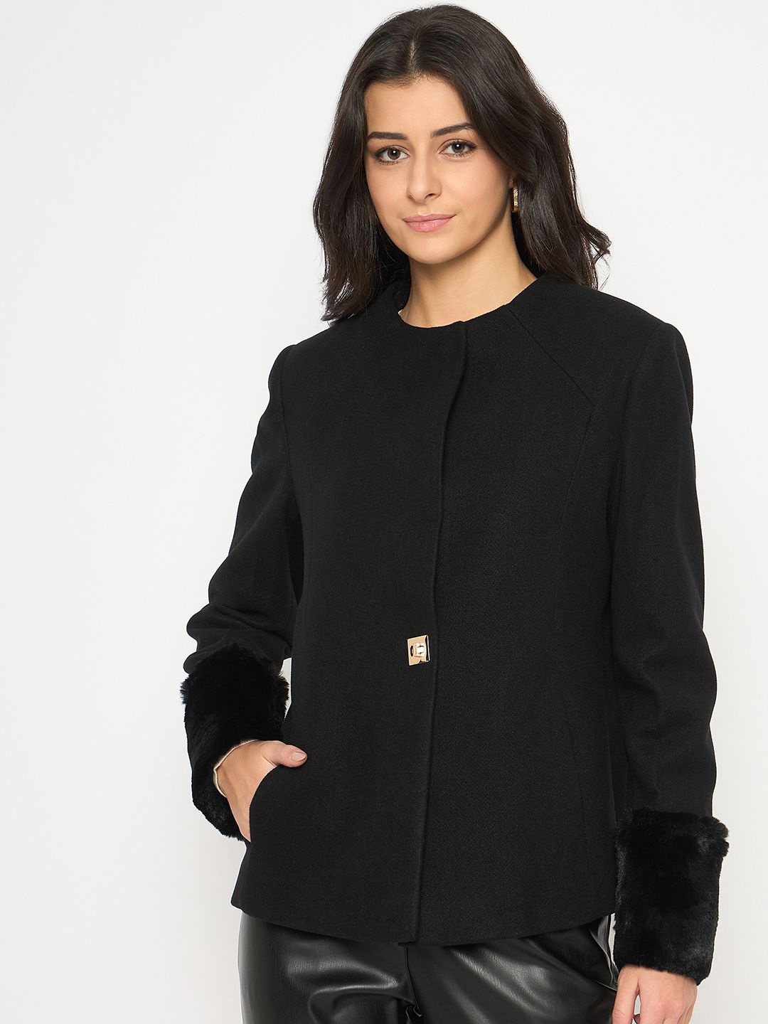 

Madame Women Mock Collar Pea Coat, Black
