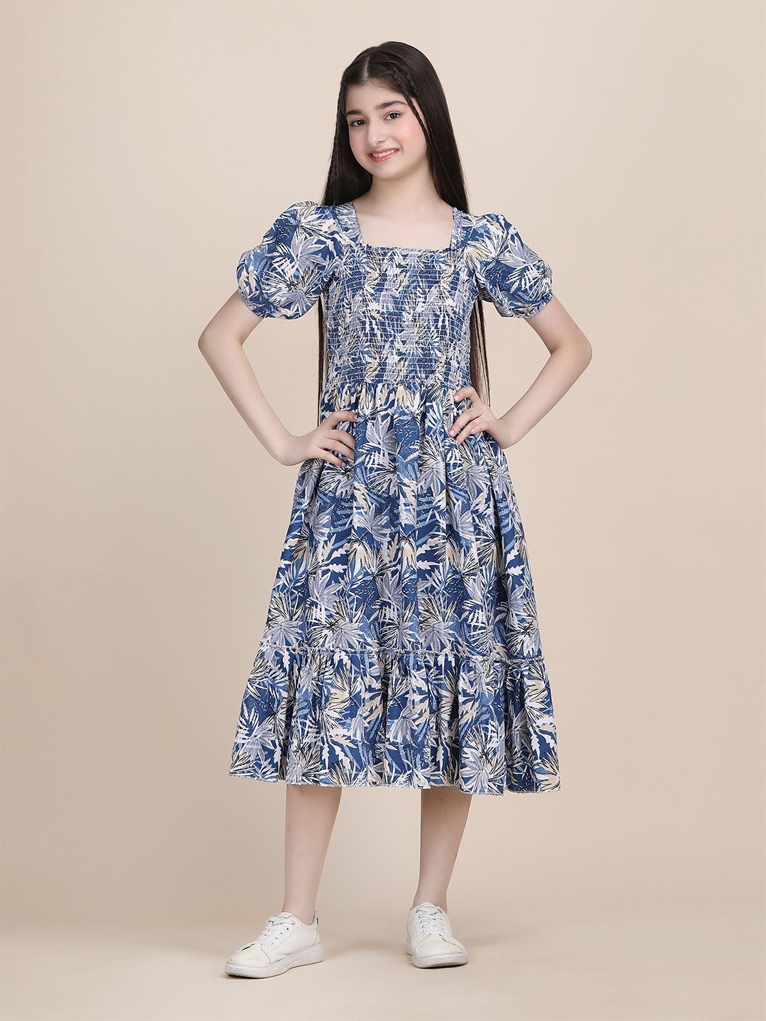 

DEKLOOK Girls Floral Printed Fit & Flare Midi Dress, Blue