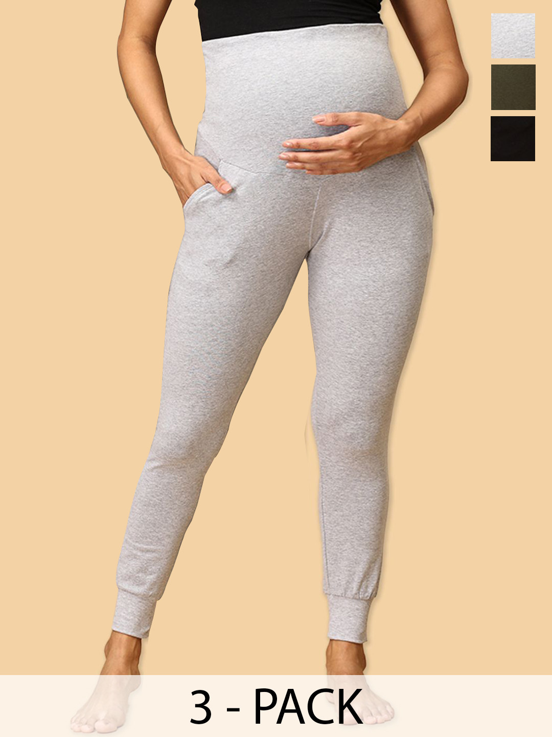 

The Mom Store Women Pack Of 3 Cotton Mid-Rise Maternity Joggers, Grey