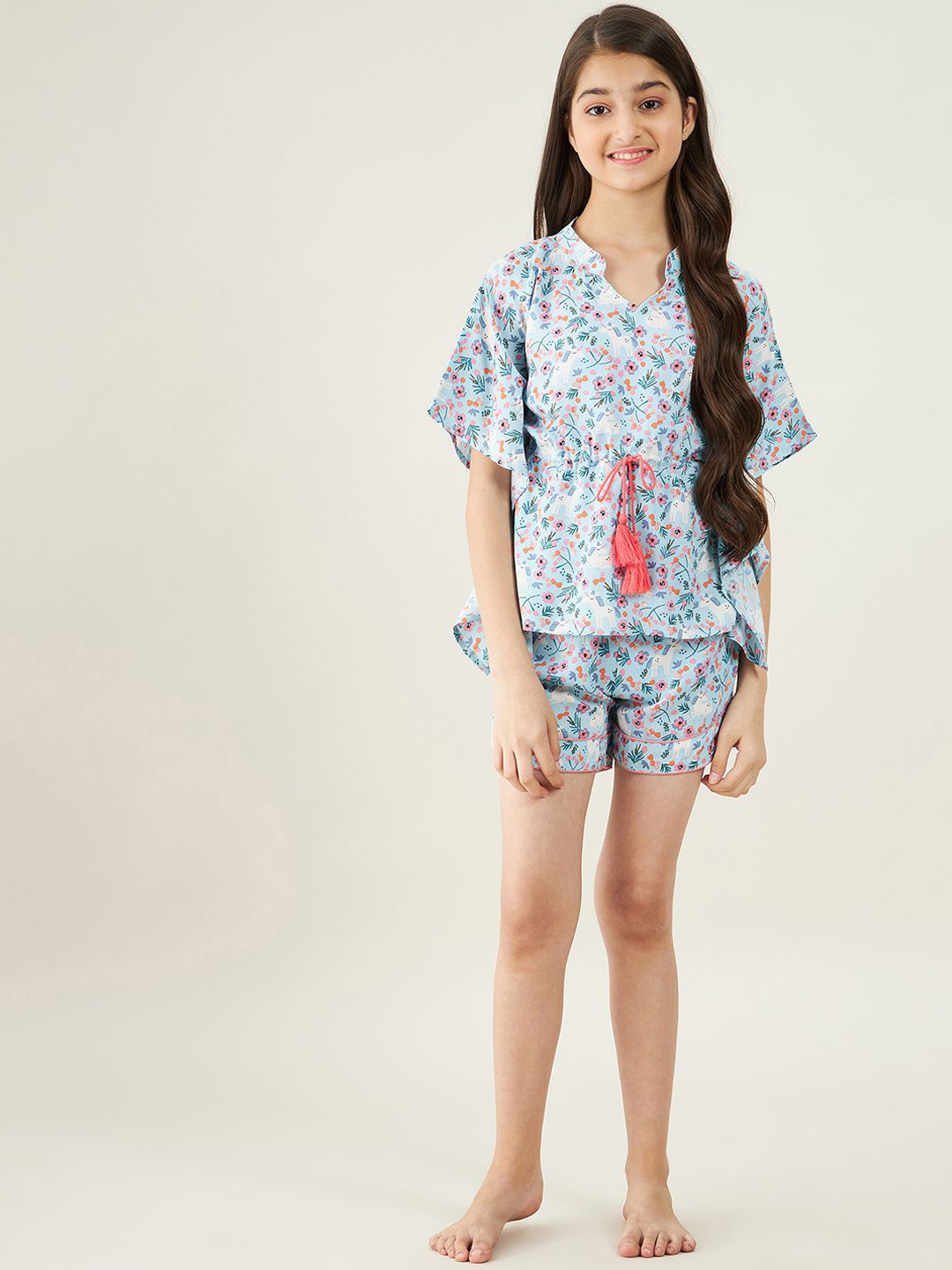 

The Kaftan Company Girls Flower Printed Kaftan With Shorts Night suit, Blue