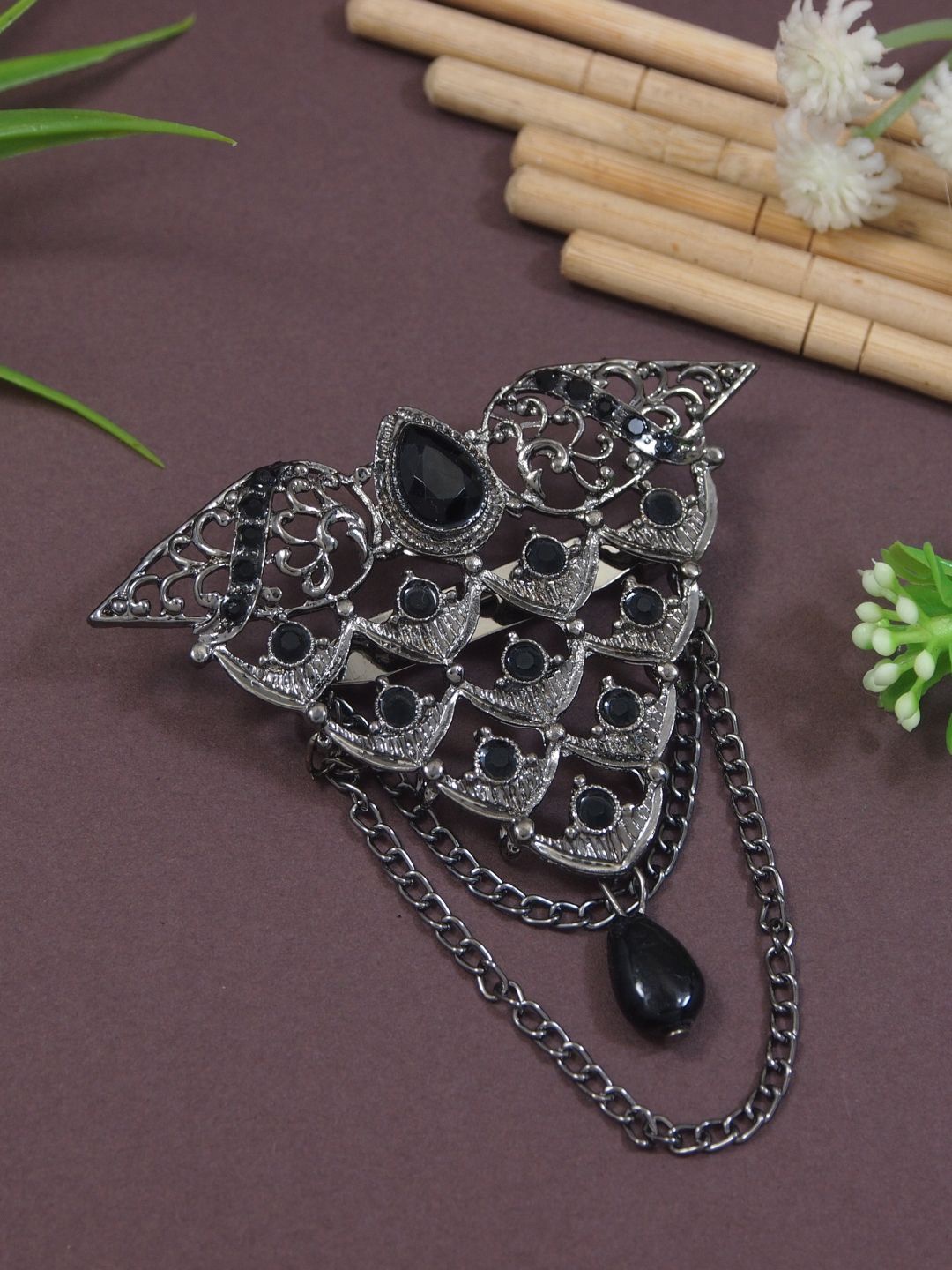 

I Jewels Silver-Plated Oxidised Kundan Safa Kalangi Brooch