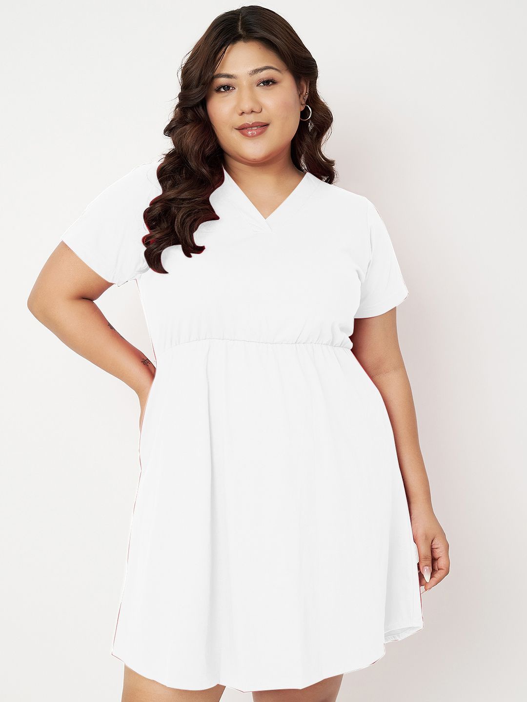 

BRINNS Cotton Plus Size V-Neck Short Sleeves Fit and Flare Dress, White