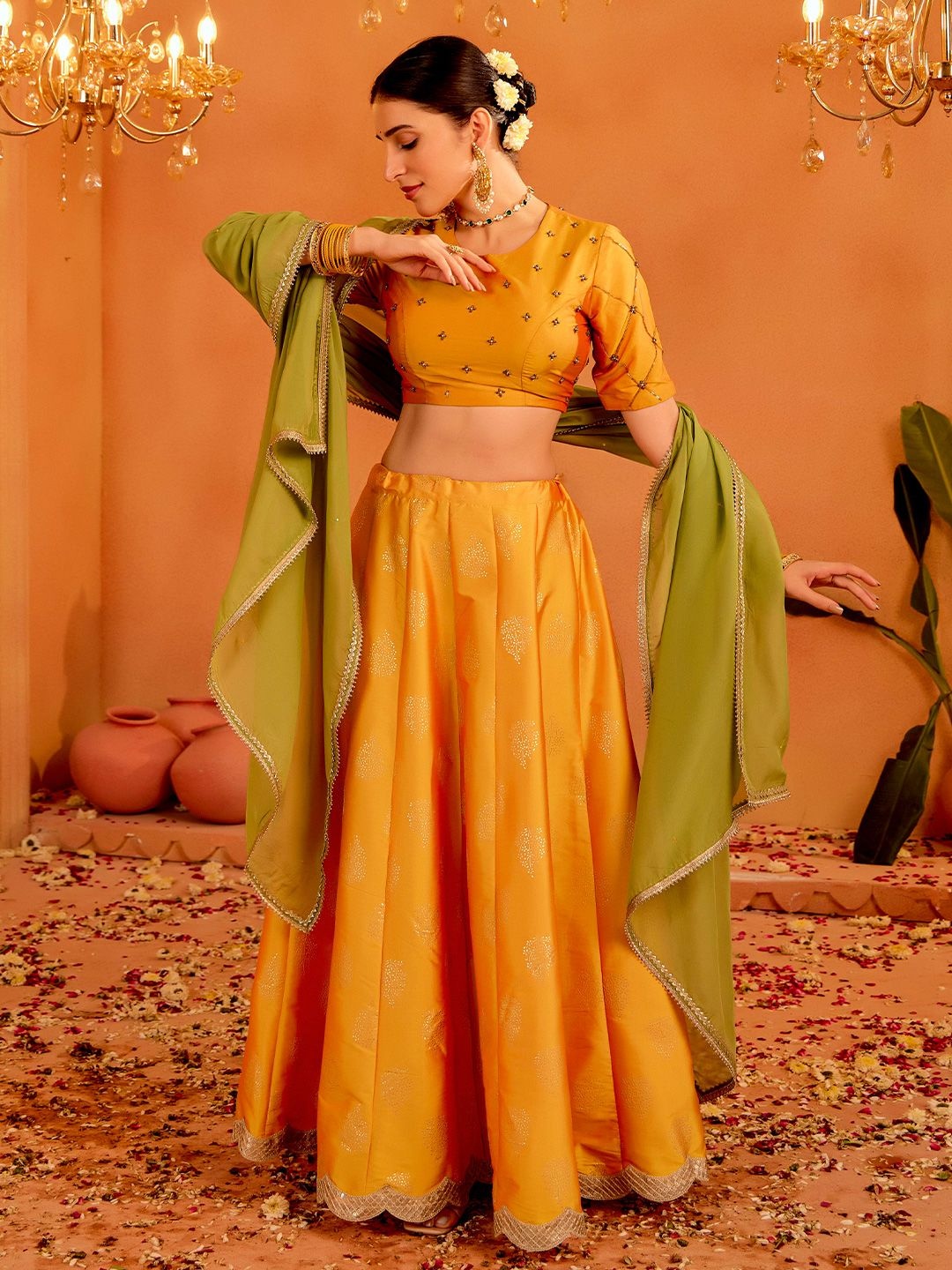 

Jaipur Kurti Embroidered Zardozi Ready To Wear Lehenga & Blouse With Dupatta, Mustard