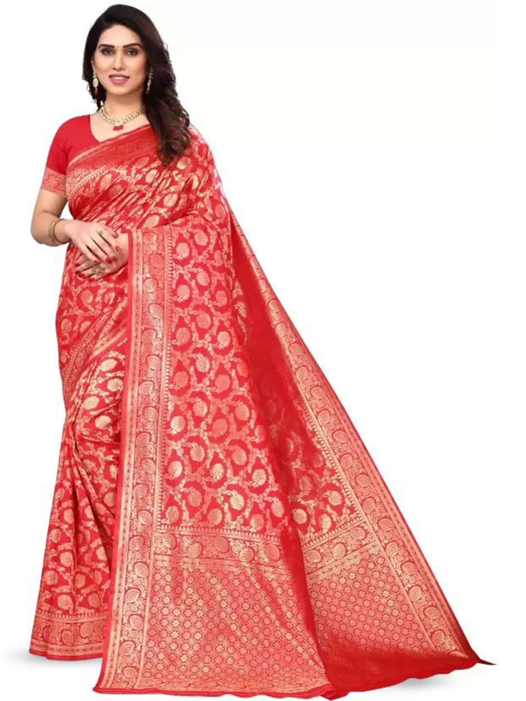 

KALINI Woven Design Zari Pure Silk Banarasi Saree, Red