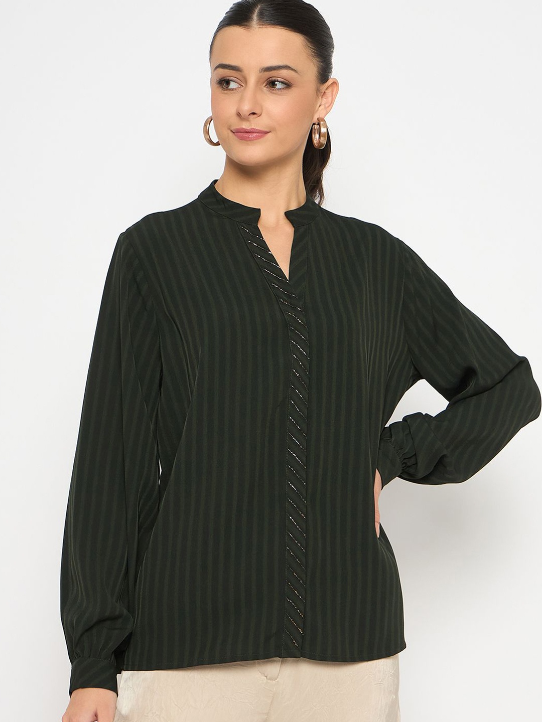 

Madame Women Striped Mandarin Collar Regular Top, Green