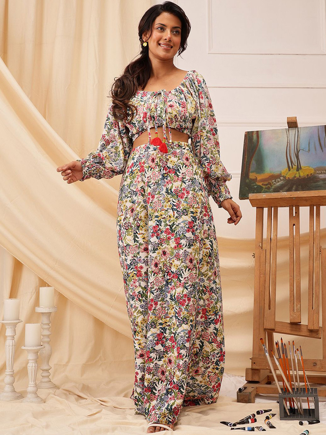 

QUIERO Floral Printed Crop Top & Trouser, White