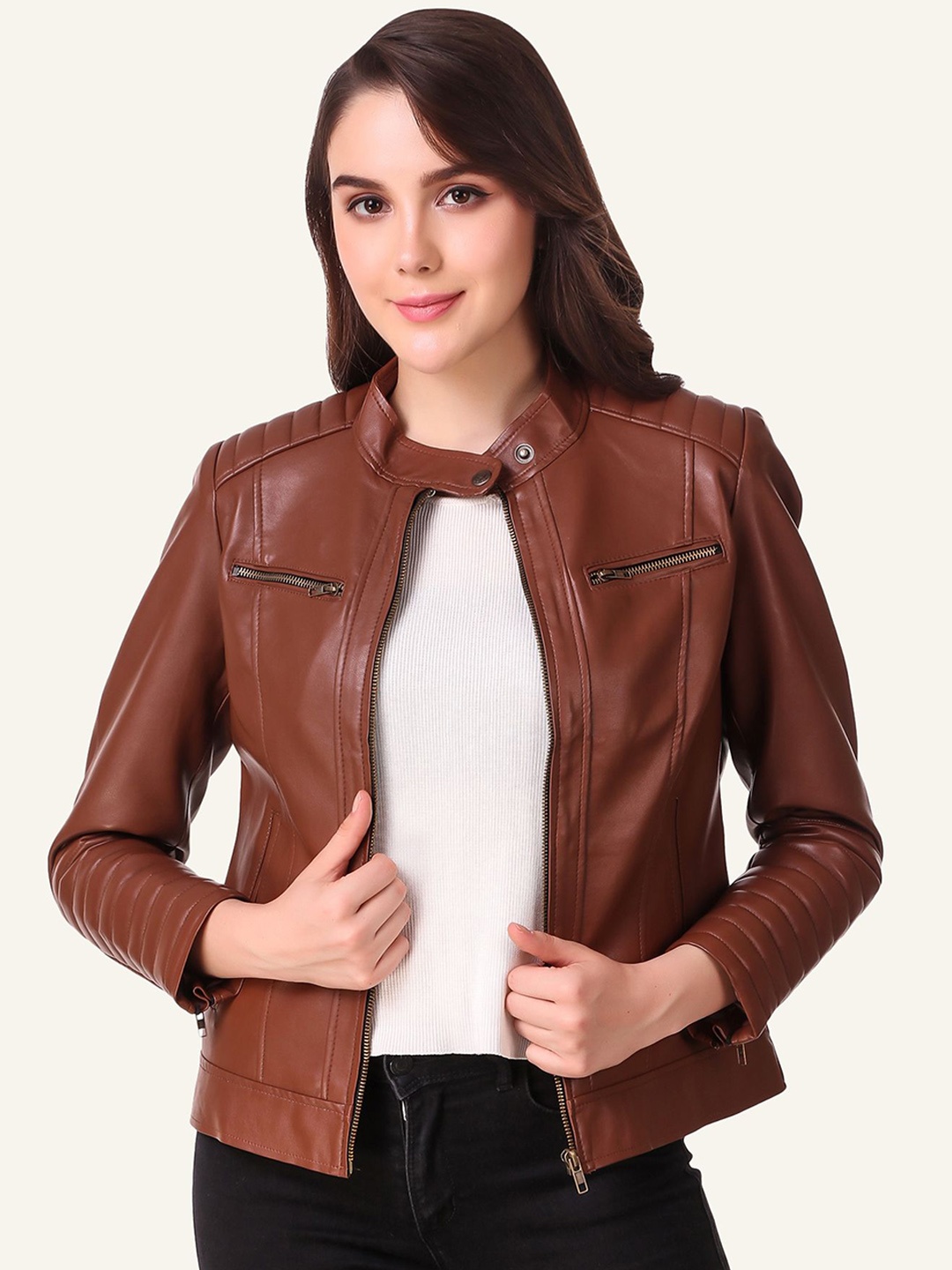 

Leather Retail Women Biker Jacket, Brown