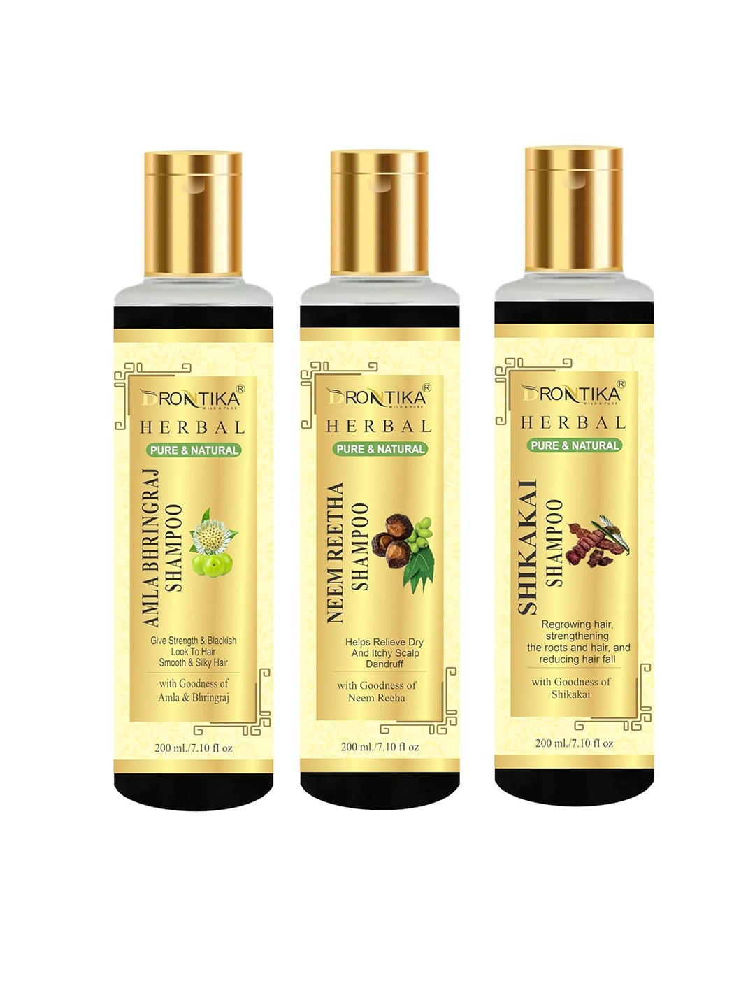 

DRONTIKA Set Of 3 Amla Bhringraj, Neem Reetha & Shikakai Natural Shampoo- 200ml Each, White