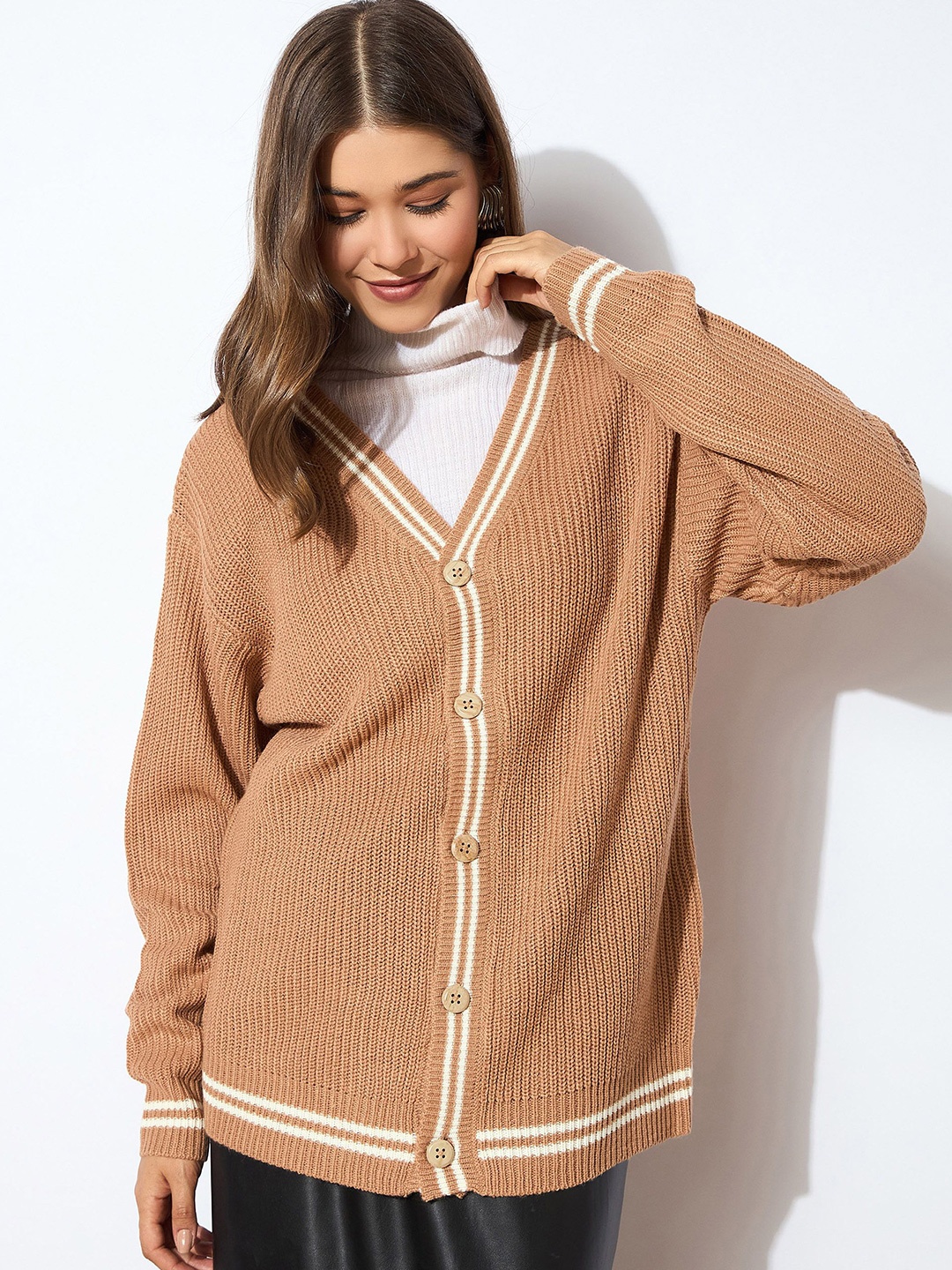 

SASSAFRAS Women Acrylic Front-Open Oversized Sweater, Beige