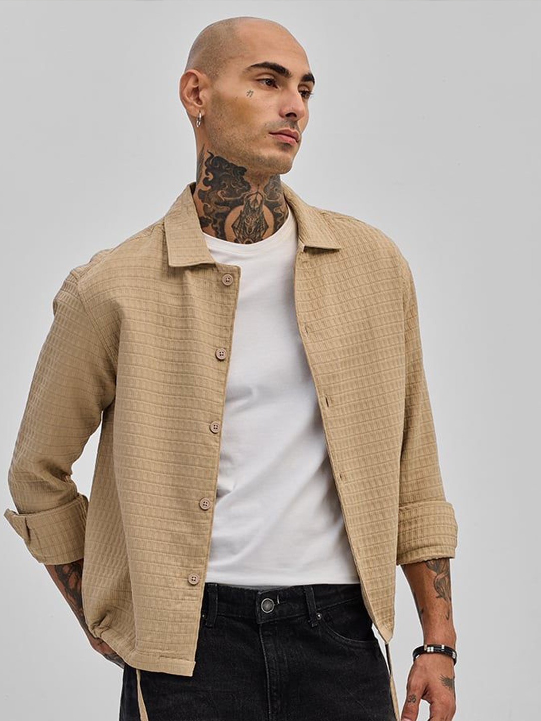 

Snitch Men Smart Slim Fit Self-Design Casual Shirt, Camel brown