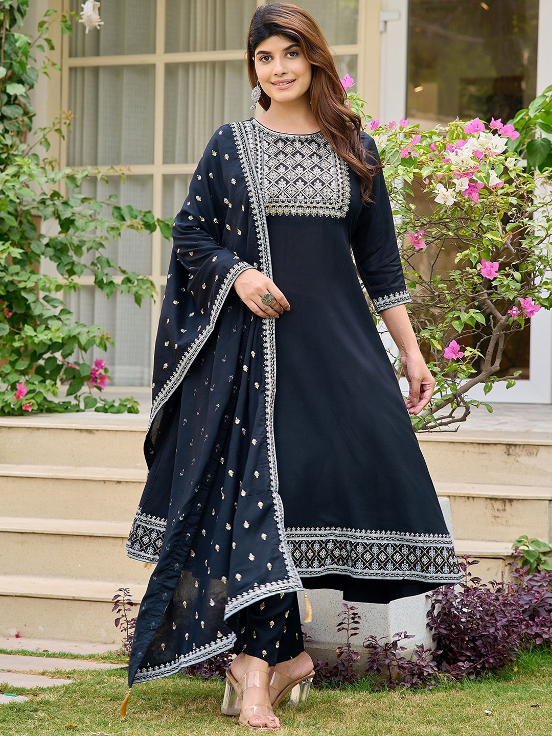 

KALINI Floral Yoke Design Kurta With Trousers & Dupatta, Black
