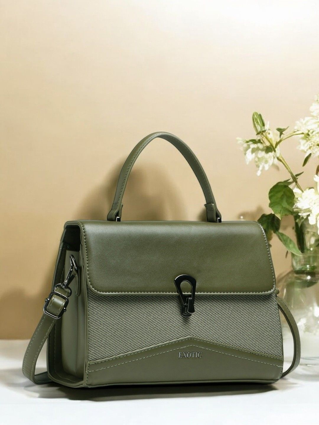 

Exotic Textured Satchel Bag, Olive