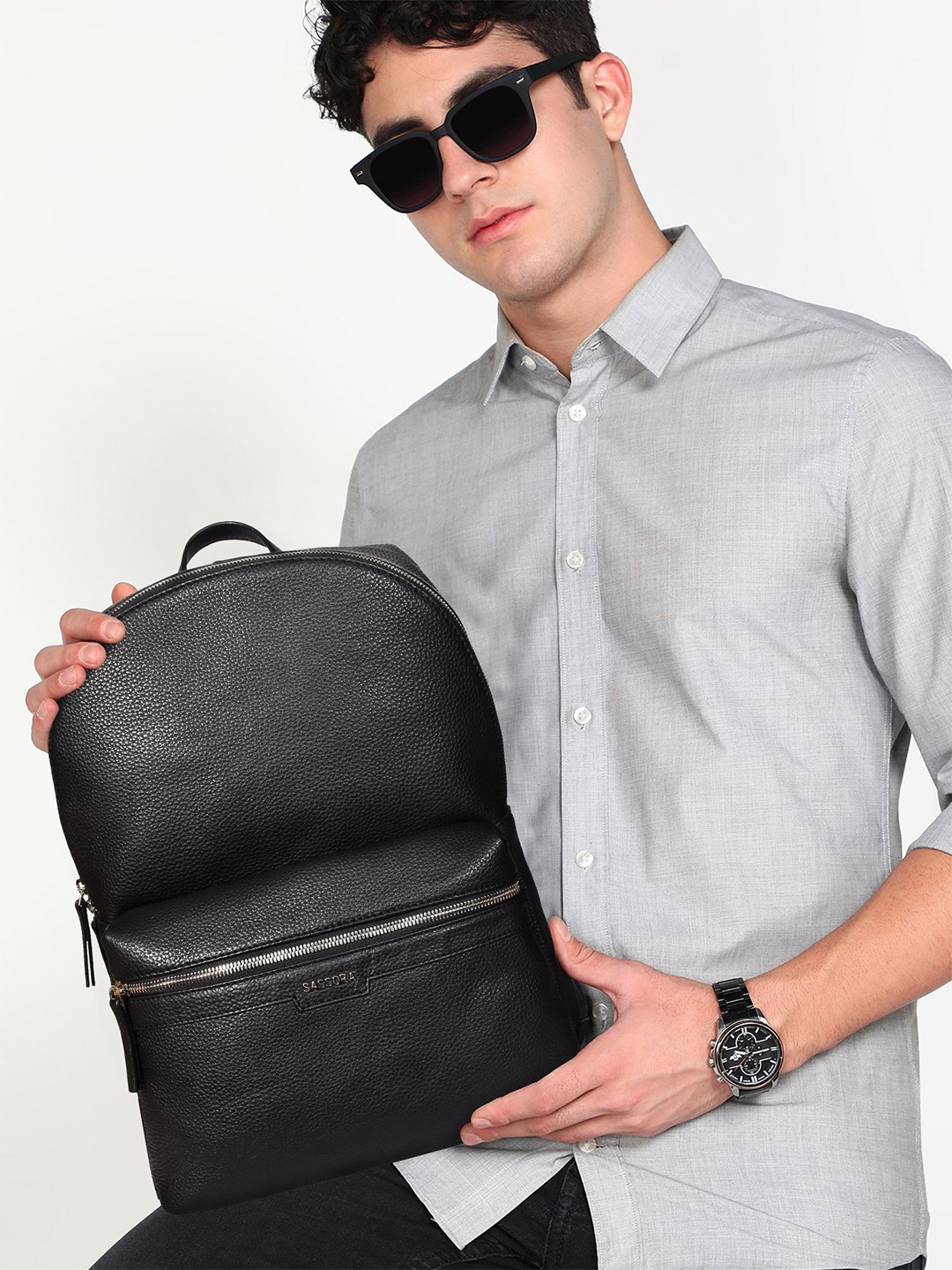 

Sassora Men Textured Large Backpack with Compression Straps, Black