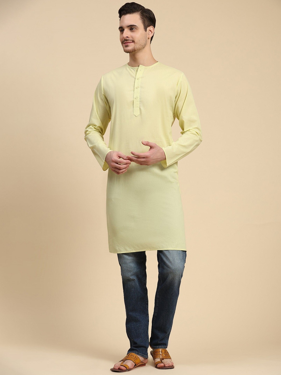 

SKAVIJ Band Collar Cotton Straight Kurta, Lime green