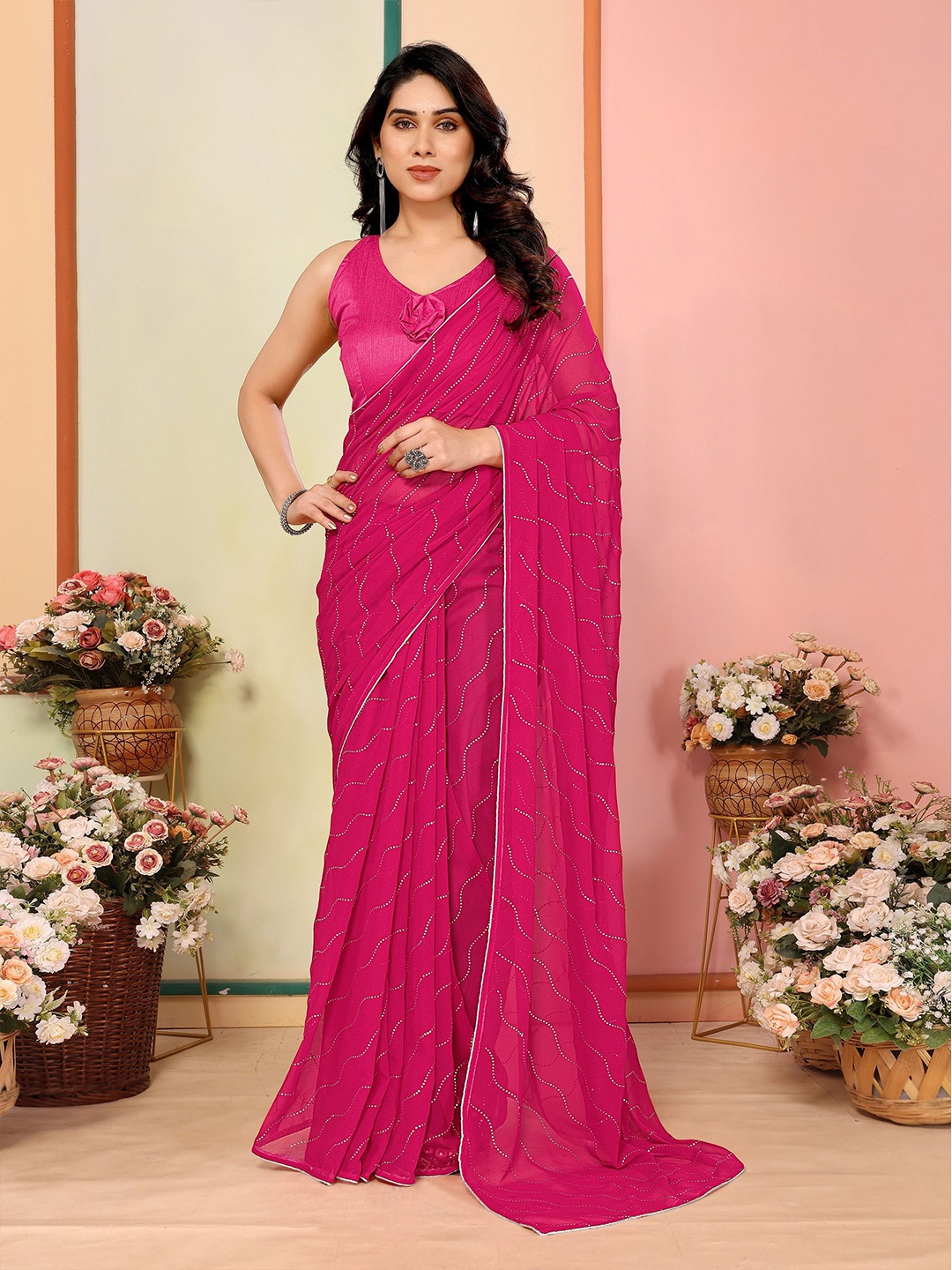 

CATCHY FOREVER Embellished Mukaish Pure Georgette Saree, Pink