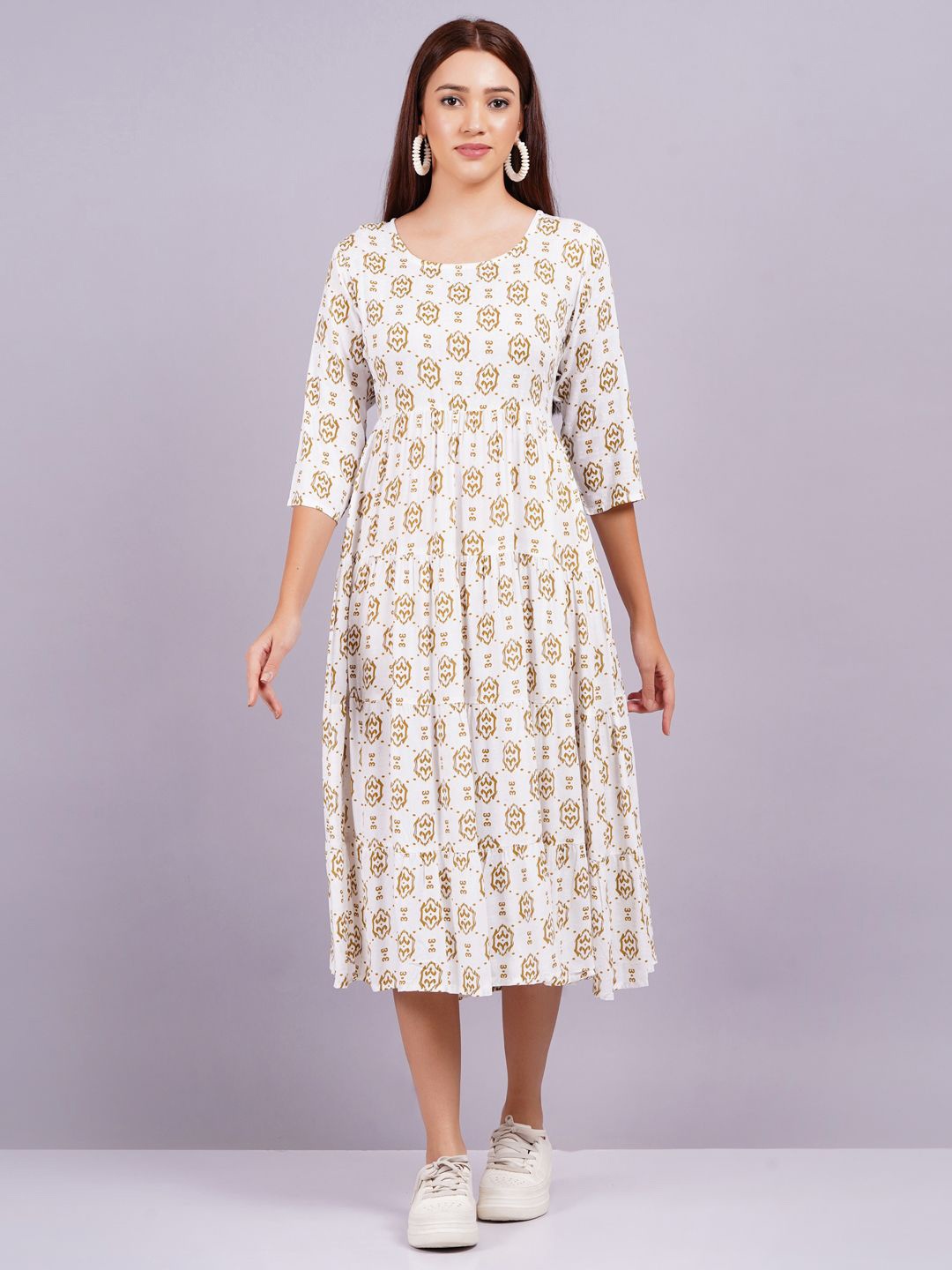 

HIGHLIGHT FASHION EXPORT Ethnic Motifs Printed Fit & Flare Midi Dress, Brown