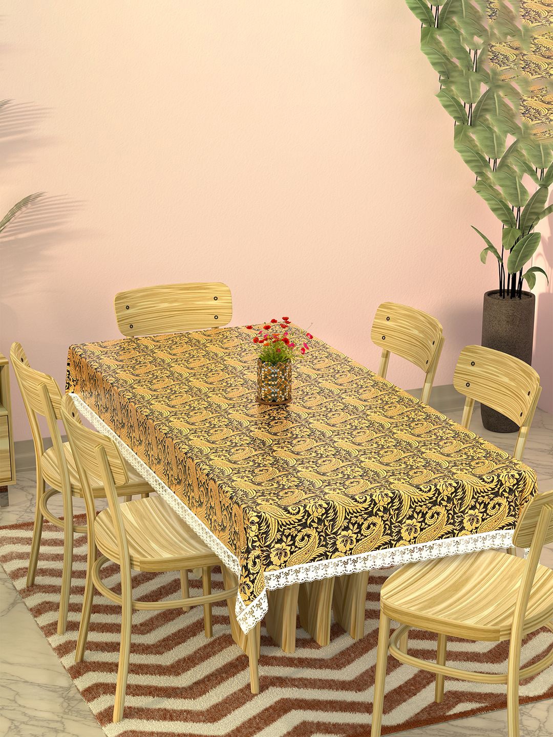 

Kuber Industries Black & Yellow Floral Waterproof 6-Seater Table Cover