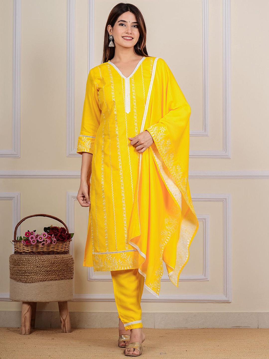 

HEBA Women Floral Embroidered Regular Thread Work Kurta with Trousers & With Dupatta, Yellow