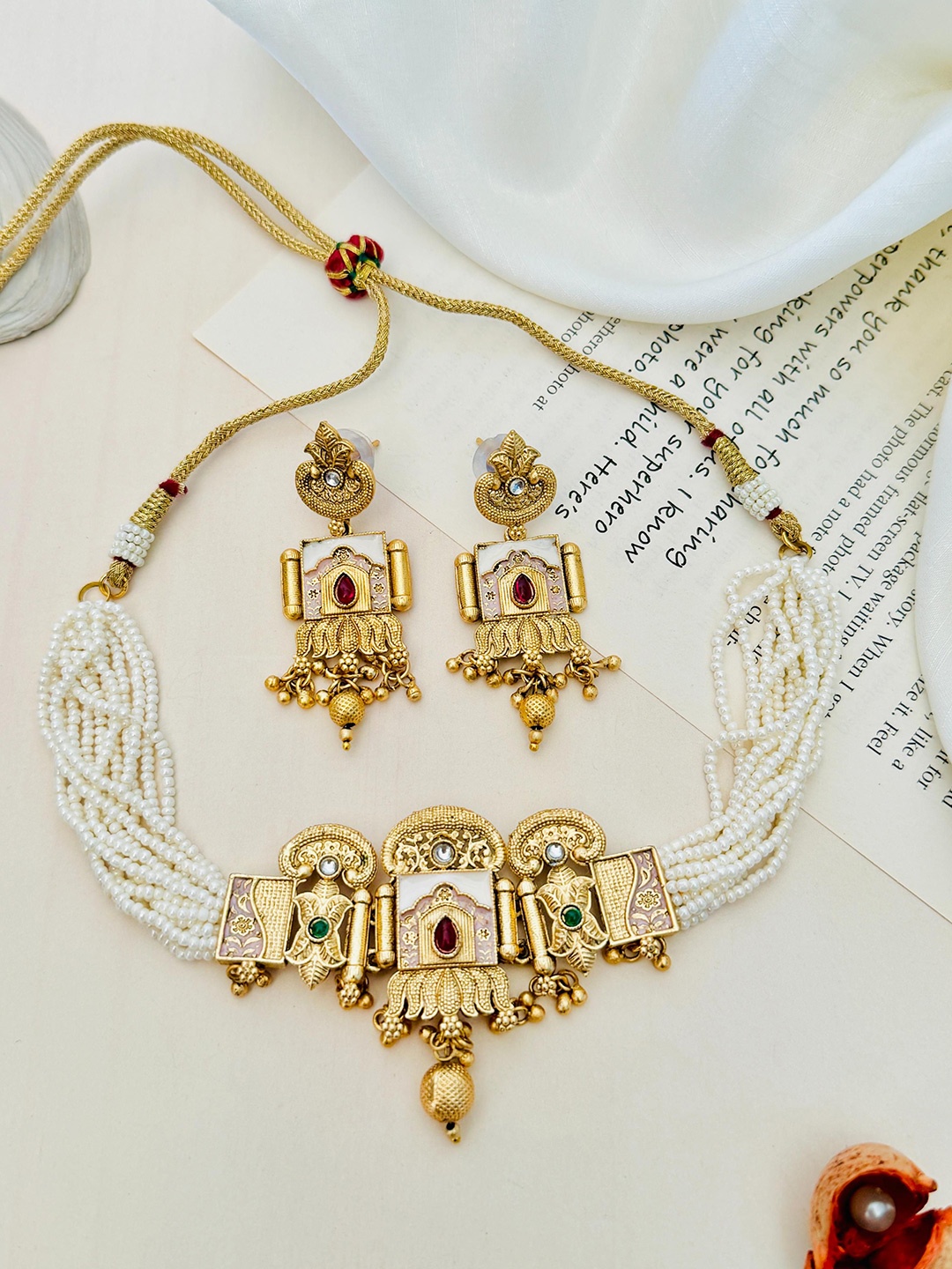 

ABDESIGNS Gold-Plated Jaipuri Stone Studded & Beaded Necklace and Earrings