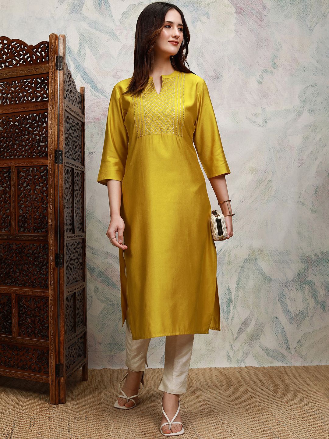 

Vishudh Geometric Yoke Design Zari Work Mandarin Collar Straight Kurta, Mustard