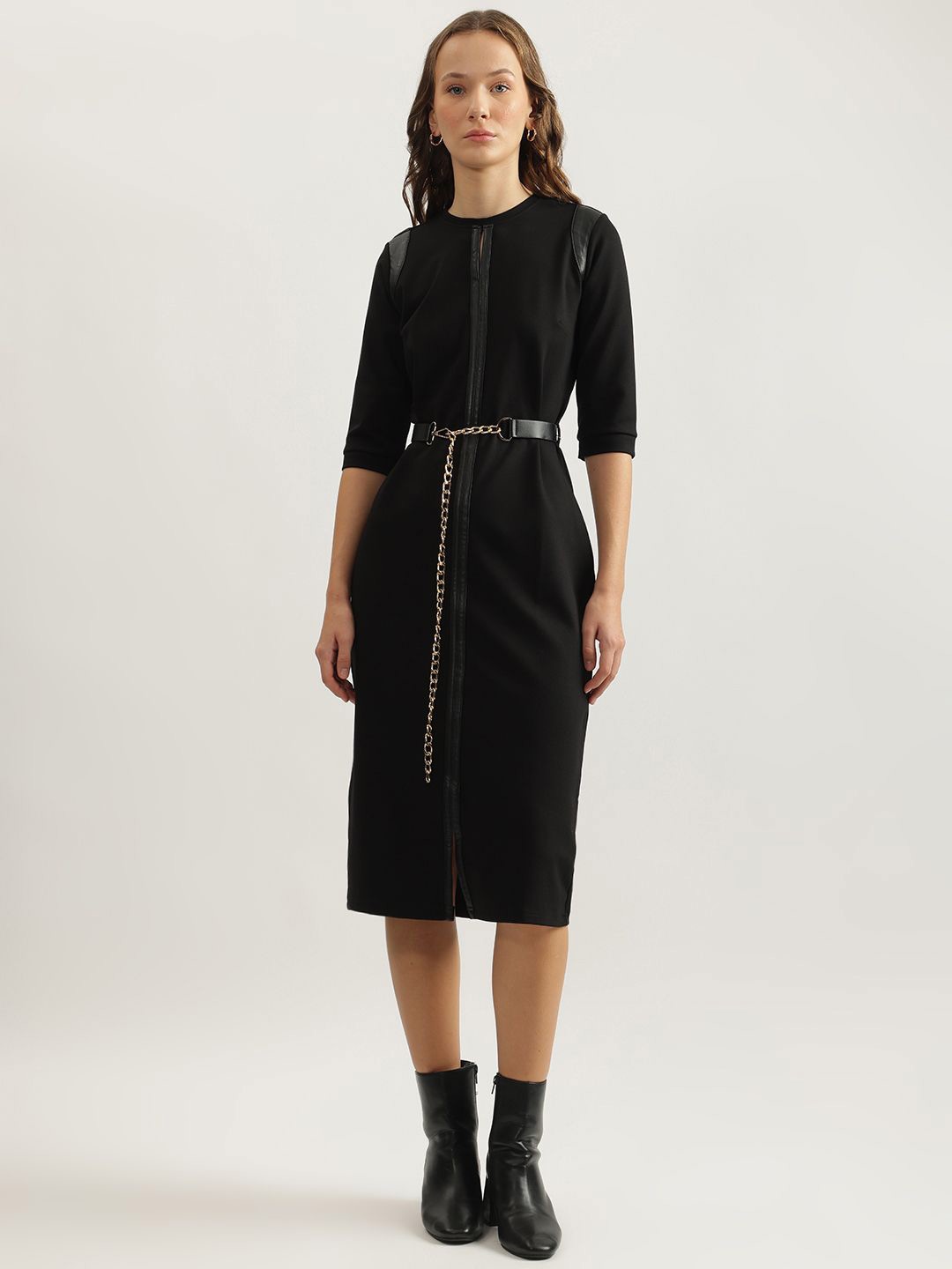 

Iconic Round Neck Cotton Sheath Midi Dress, Black