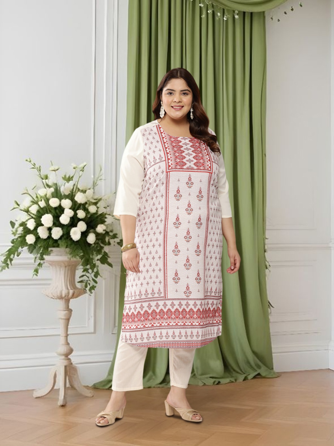 

Sztori Plus Size Printed Straight Kurta, Off white