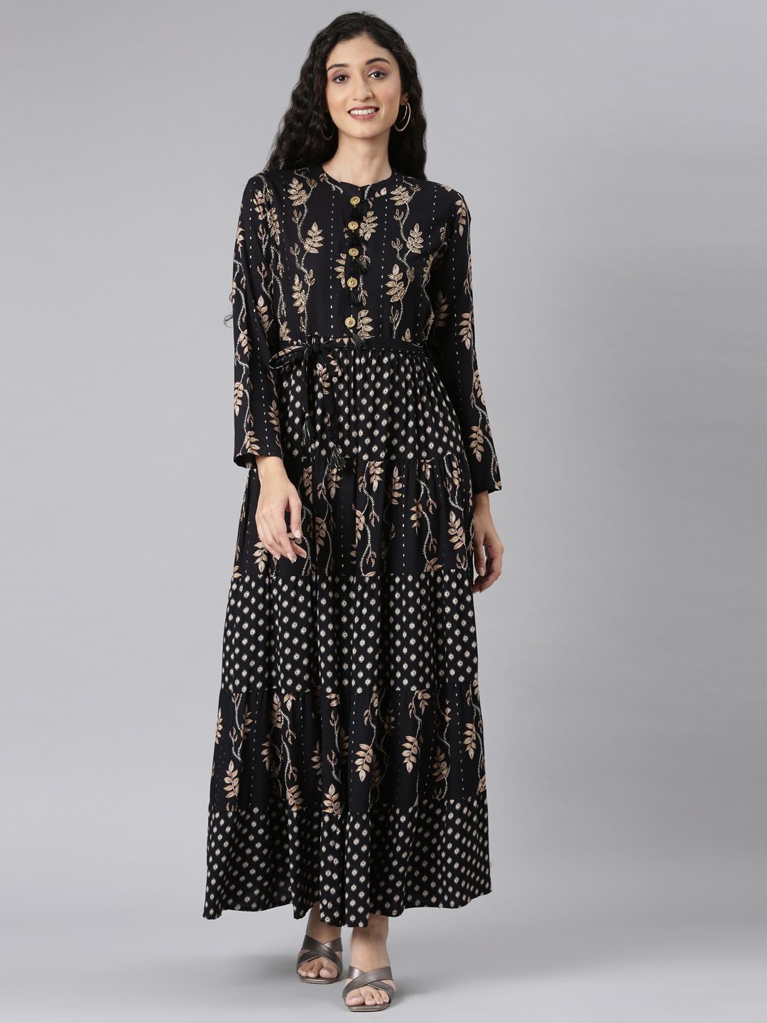 

Neerus Women Mandarin Collar Floral Print Layered Maxi Dress, Black