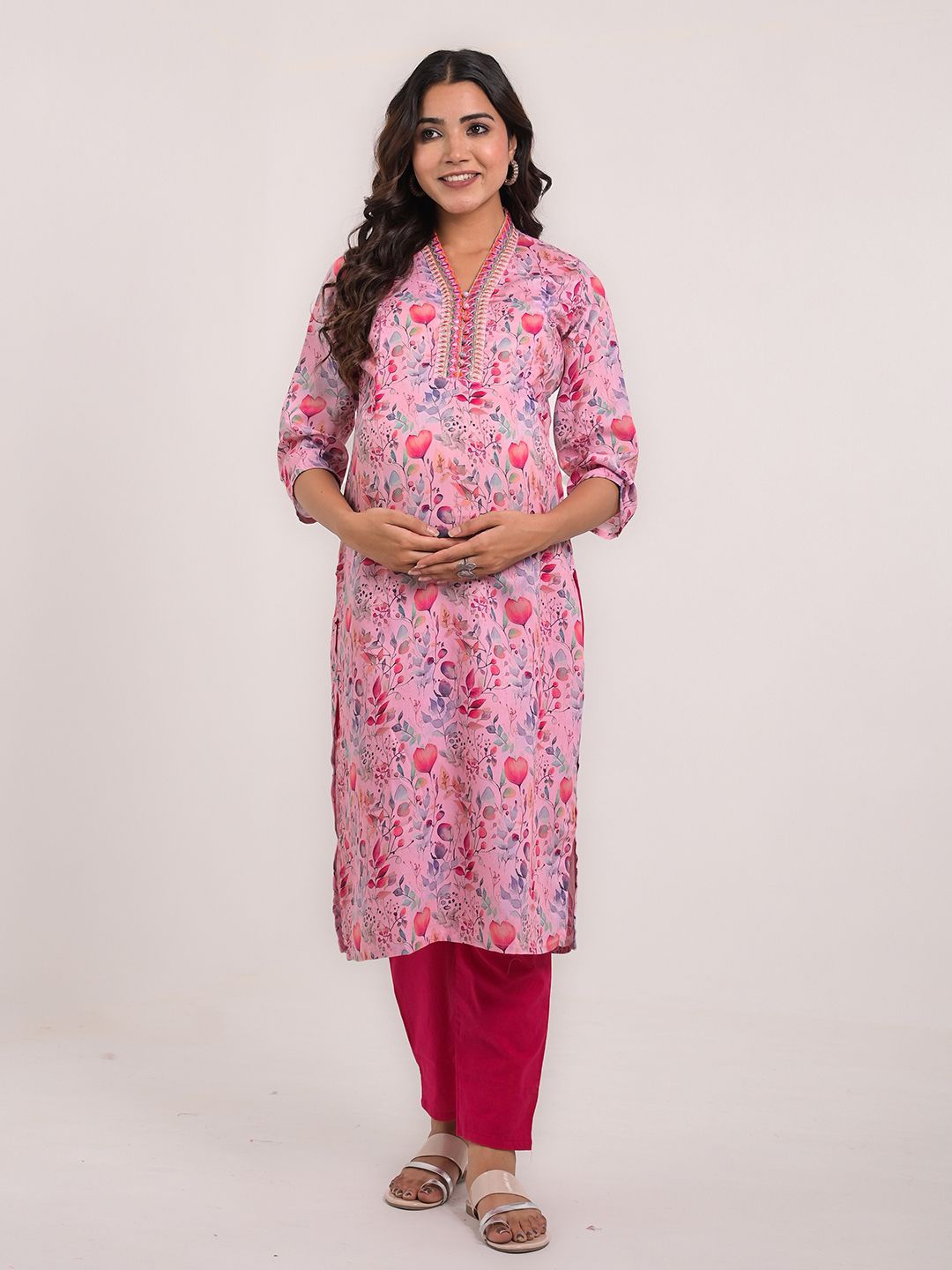 

mumzhug Women Floral Printed Silk Kurta For Feeding And Maternity Purpose, Pink