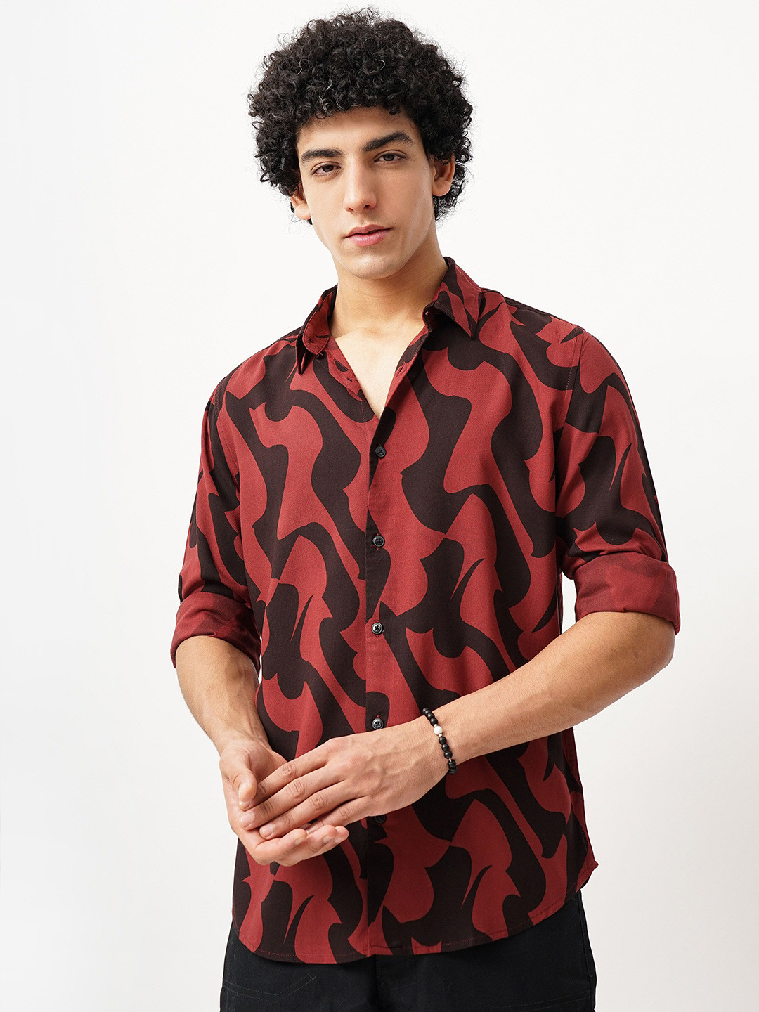 

British Club Men Comfort Spread Collar Abstract Printed Slim Fit Casual Shirt, Red