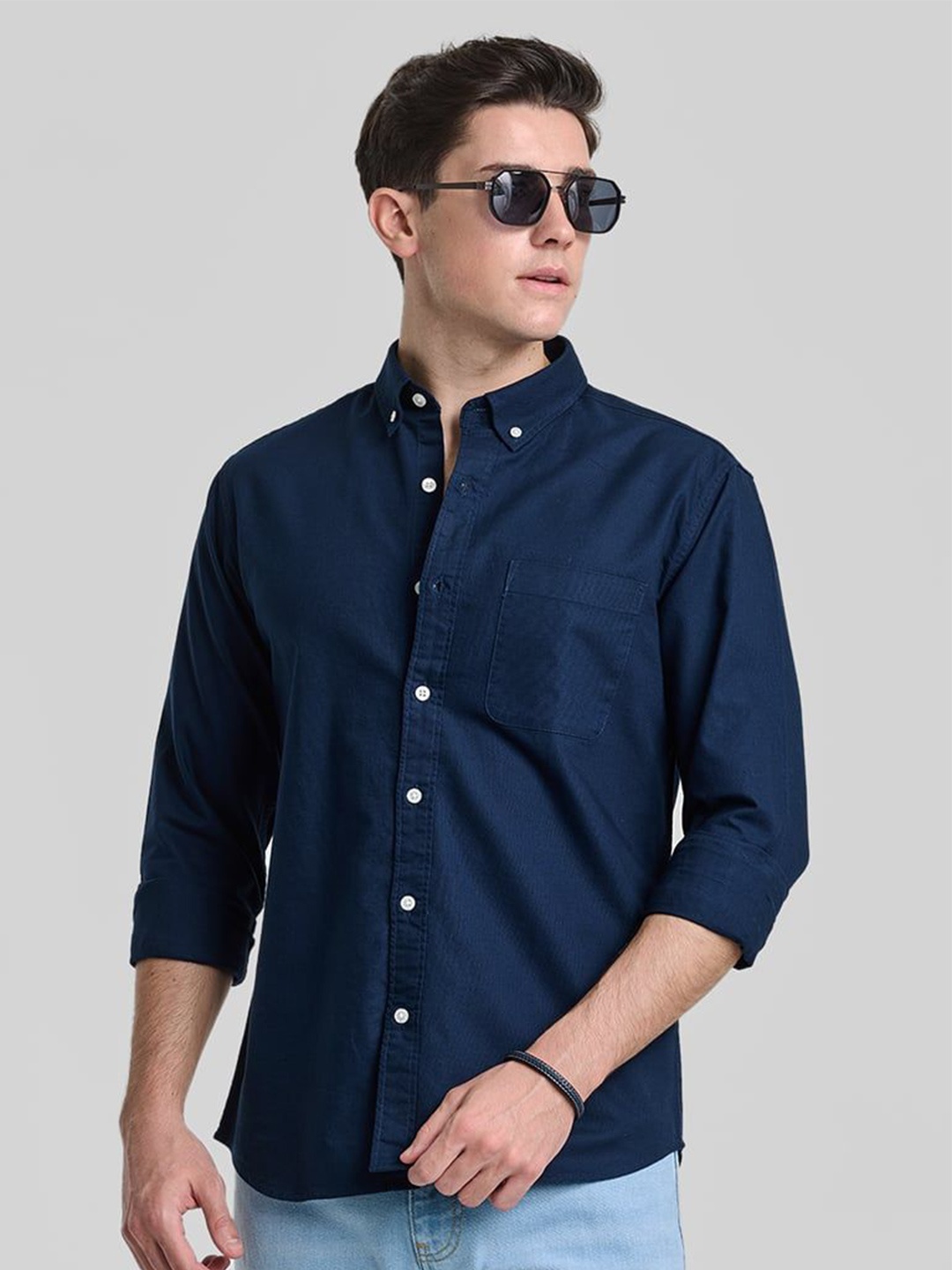 

Snitch Men Smart Button-Down Collar Solid Cotton Slim Fit Casual Shirt, Navy blue