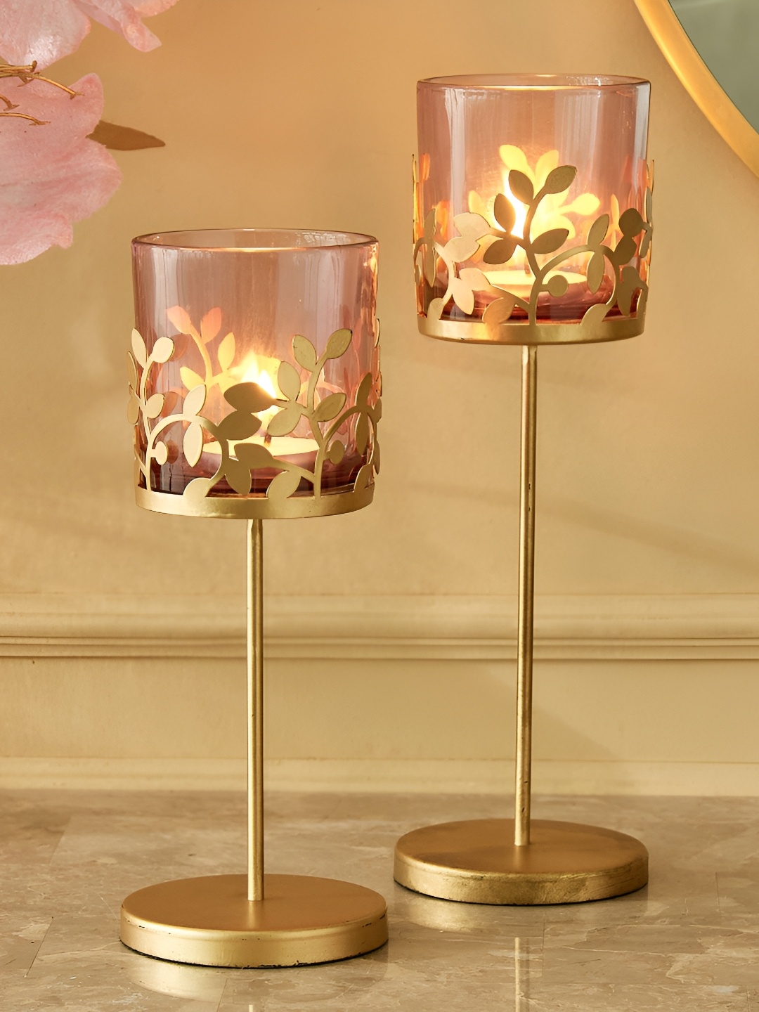

Home Centre Wables Iris Pink & Gold-Toned 2 Pieces Glass Pedestal Votive Candle Holders