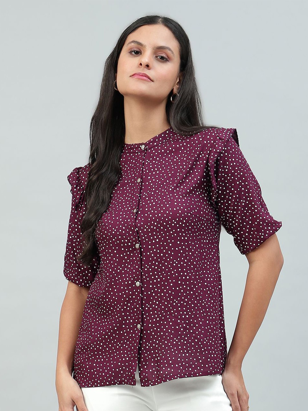 

FLAMBOYANT Women Polka Dots Printed Mandarin Collar Top, Purple