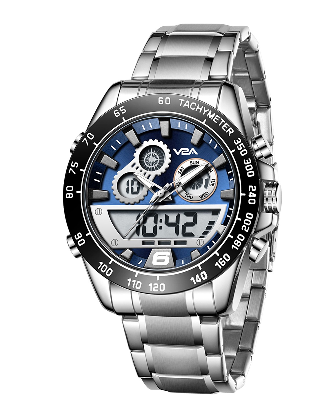 

V2A Men Dial & Stainless Steel Bracelet Style Straps Analogue and Digital Watch V2A-JF-2106-Slvr-Blu, Blue