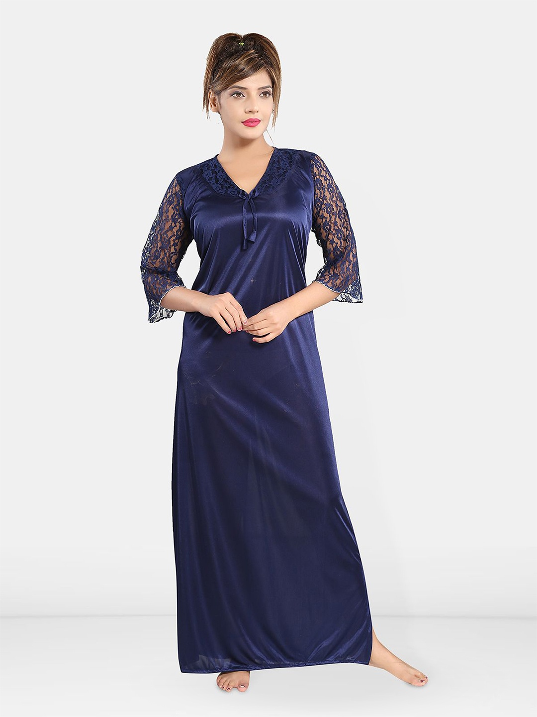 

Be You Solid Satin Night Gowns For Women Maxi Nightdress, Navy blue