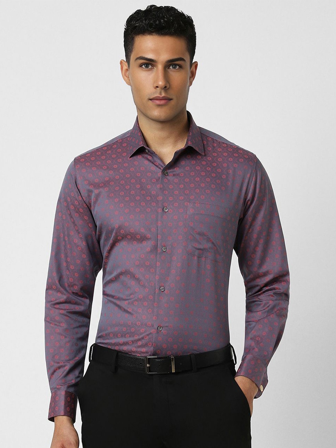 

Van Heusen Men Spread Collar Floral Printed Cotton Slim Fit Formal Shirt, Purple