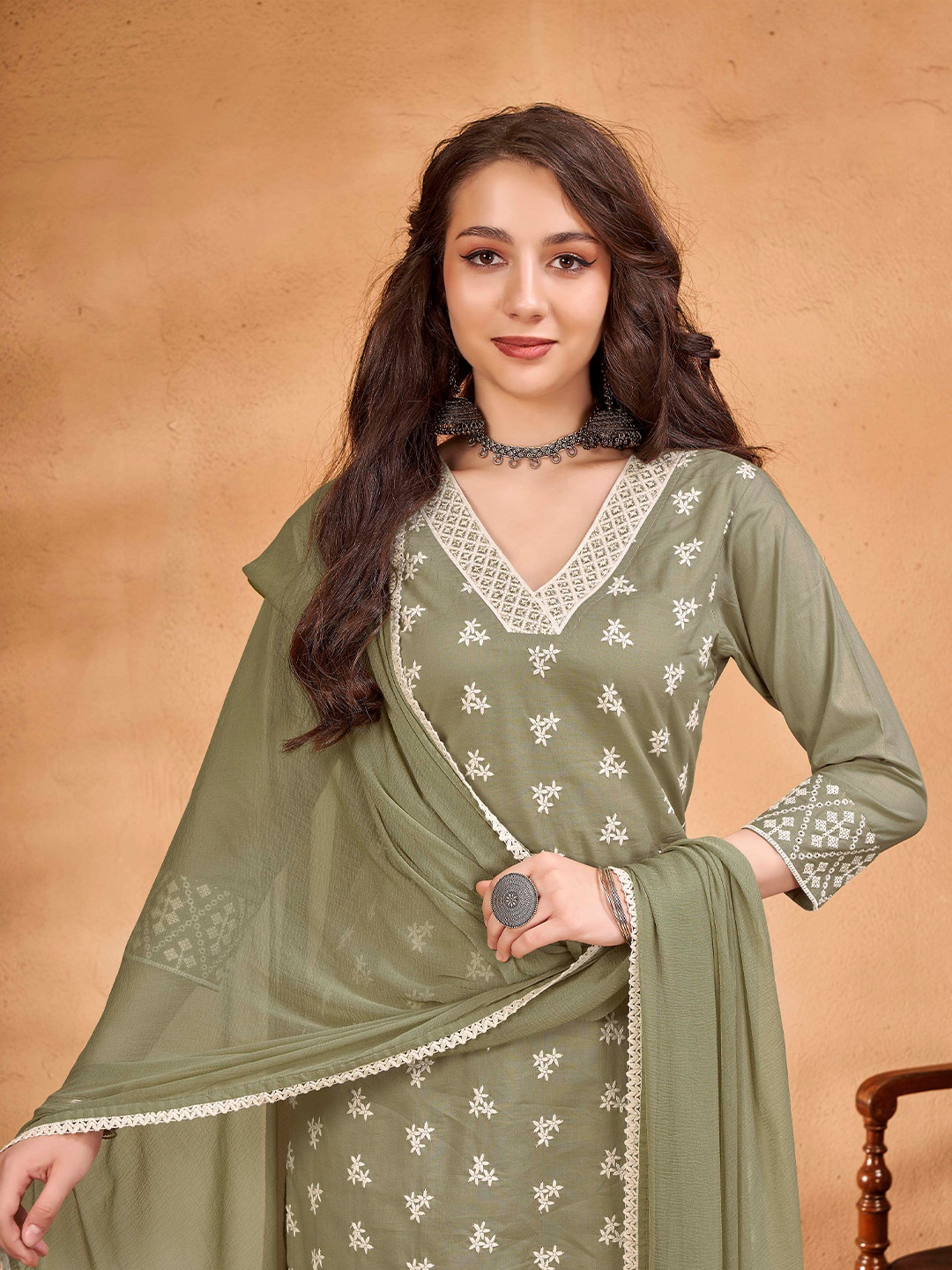 

Anouk Ethnic Motifs Embroidered Thread Work Pure Cotton Kurta With Trouser & Dupatta, Olive