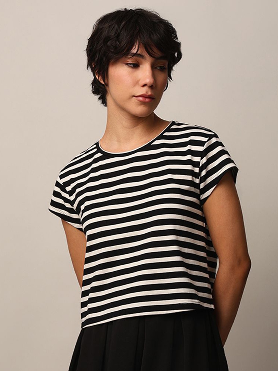 

ONLY Women Striped Round Neck Pure Cotton T-shirt, Black