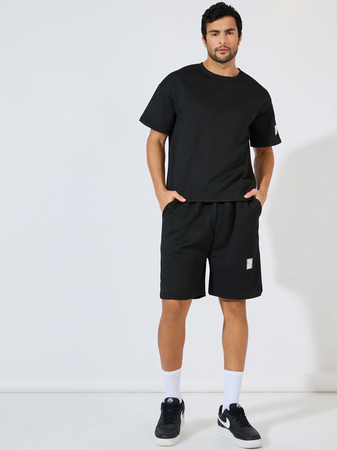 

Styli Self Designed Round Neck T-Shirt with Shorts Co-Ords, Black