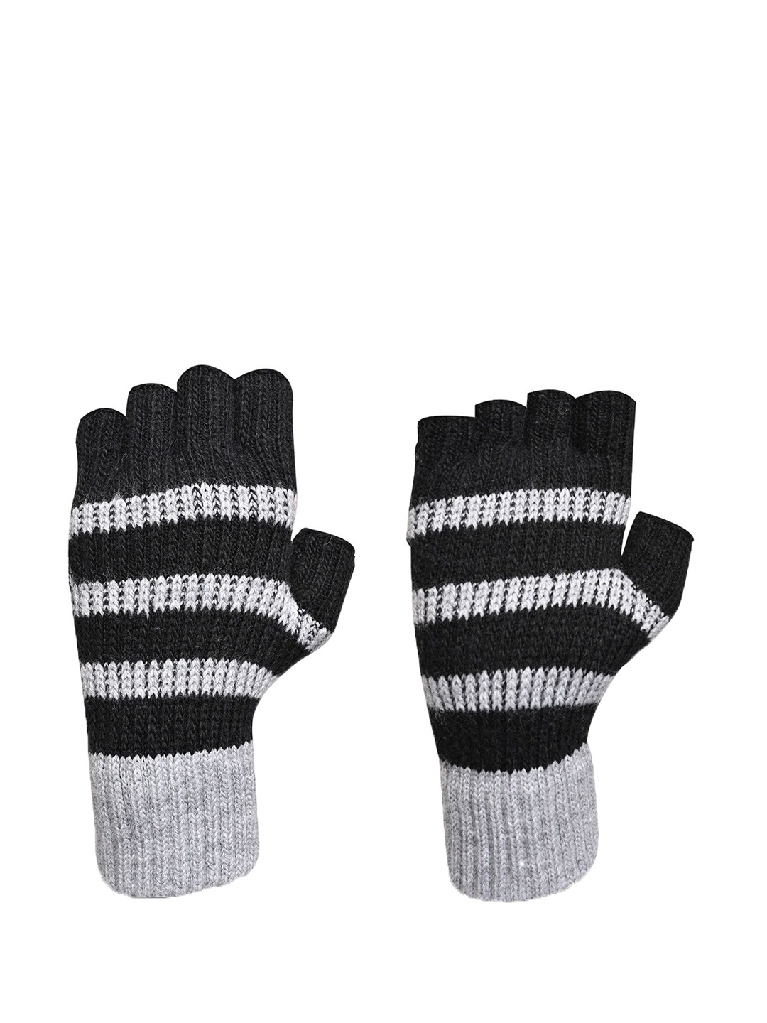 

LOOM LEGACY Men Wiinter Woollen Half Fingure Striped Acrylic Fingerless Gloves, Black