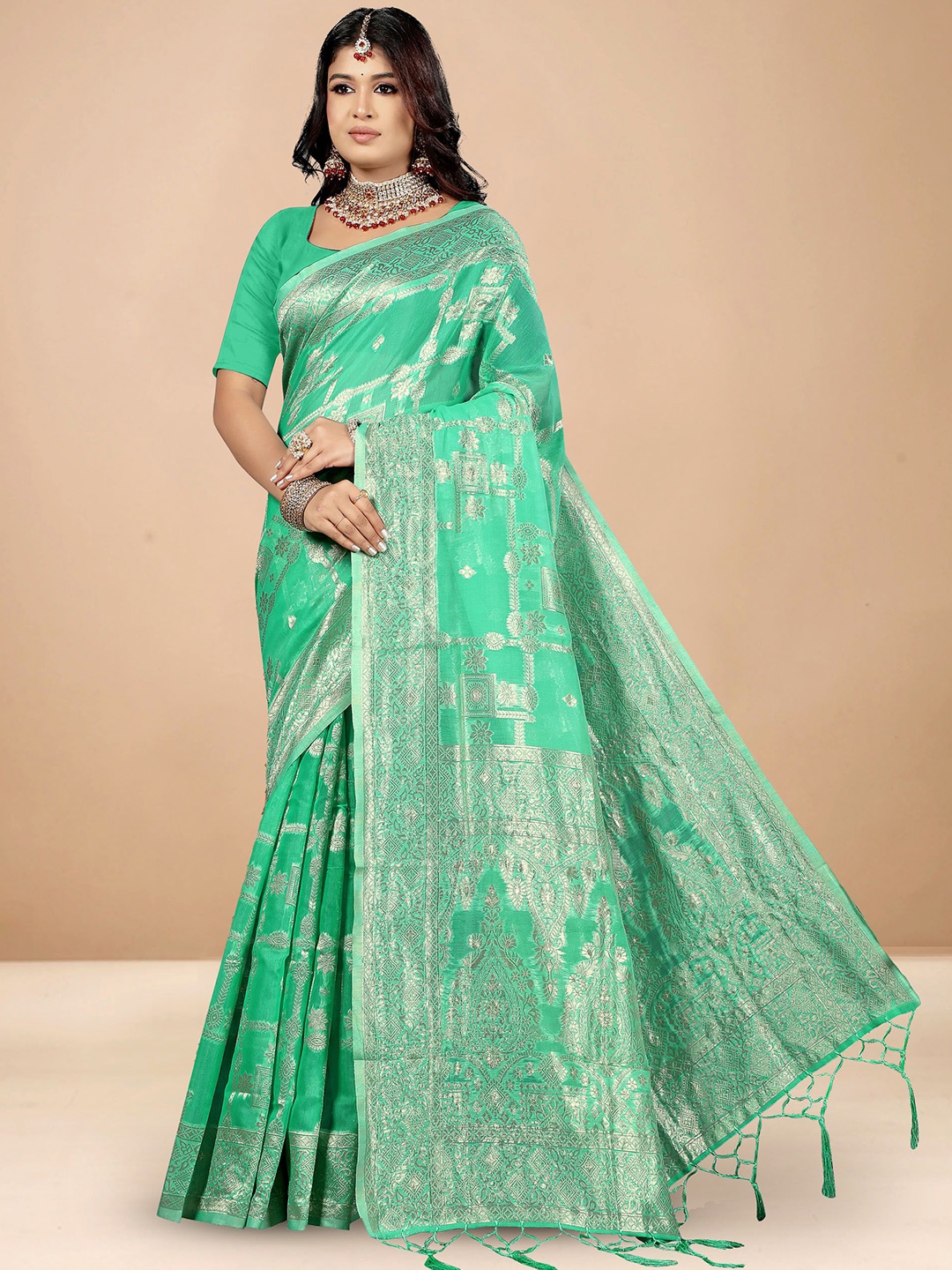 

Anouk Rustic Ethnic Motifs Zari Chanderi Saree, Green
