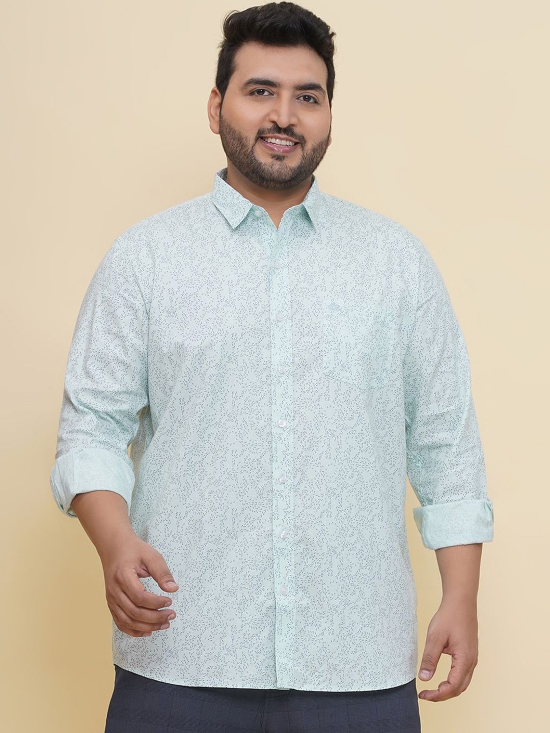 

John Pride Men Spread Collar Geometric Printed Cotton Casual Shirt, Sea green